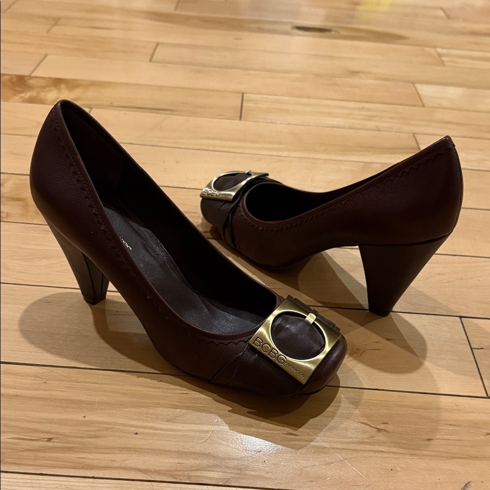 BCBG Dark Brown Heels with Gold Buckle